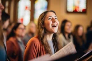 A smiling woman singing a hymn, or worship song